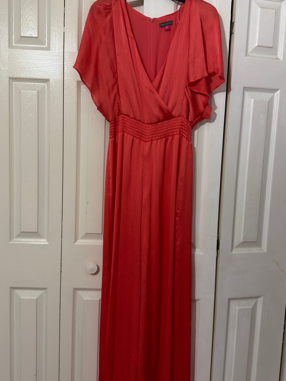Vince Camuto Coral Flutter Sleeve V‑Neck Smocked Waist Jumpsuit